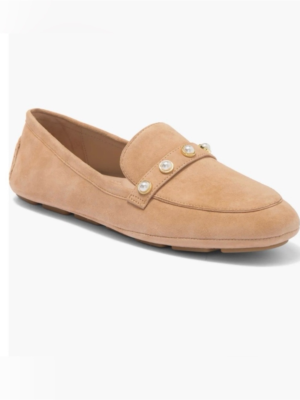 STUART WEIZMAN Beige Soft Suede Driving Loafers with Pearl Studded Strap COMFY!